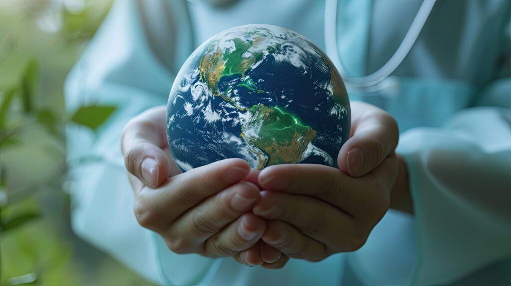 Closeup of a model earth cupped in a doctor's hands.